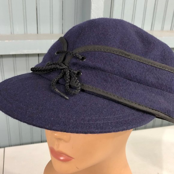 Wool Navy Blue VTG Railroad Langenberg Winter Made USA Ear Flaps Hat 7 7/8 - Picture 2 of 10